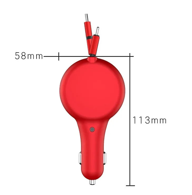Black retractable car charger with extended cables showing QC3.0 and PD charging heads