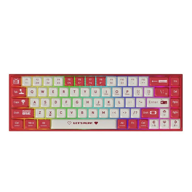 AJAZZ AK680 hot-swappable mechanical gaming keyboard in red and white or purple and white colour scheme.