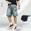 Blue ripped men's denim jeans shorts with a zip fly and straight-leg opening.