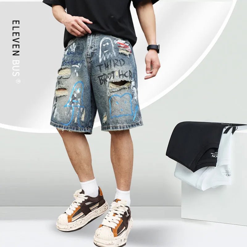 Blue ripped men's denim jeans shorts with a zip fly and straight-leg opening.