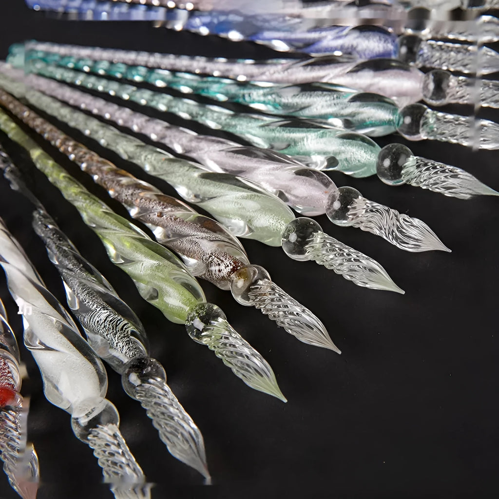 Transparent hand-blown glass crystal pen with coloured ink art effect in choice of 13 colours.