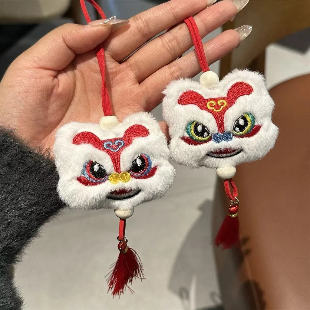 Chinese style blue plush lion keychain ornament with star stone and tassel