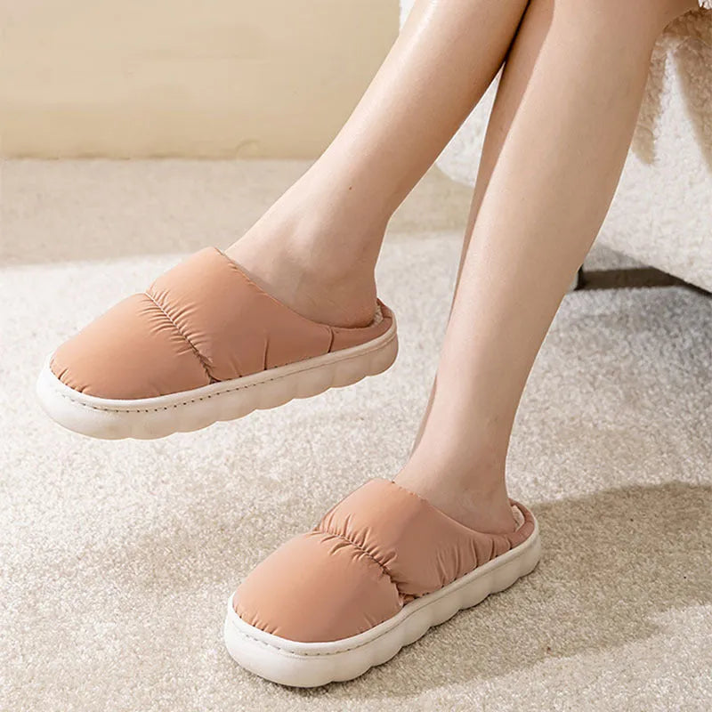 Down cotton slippers with thick rubber soles and artificial leather uppers in multiple colours