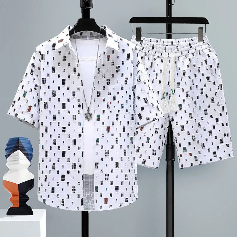 Men's grey casual polyester short-sleeve top and shorts two-piece set laid flat.