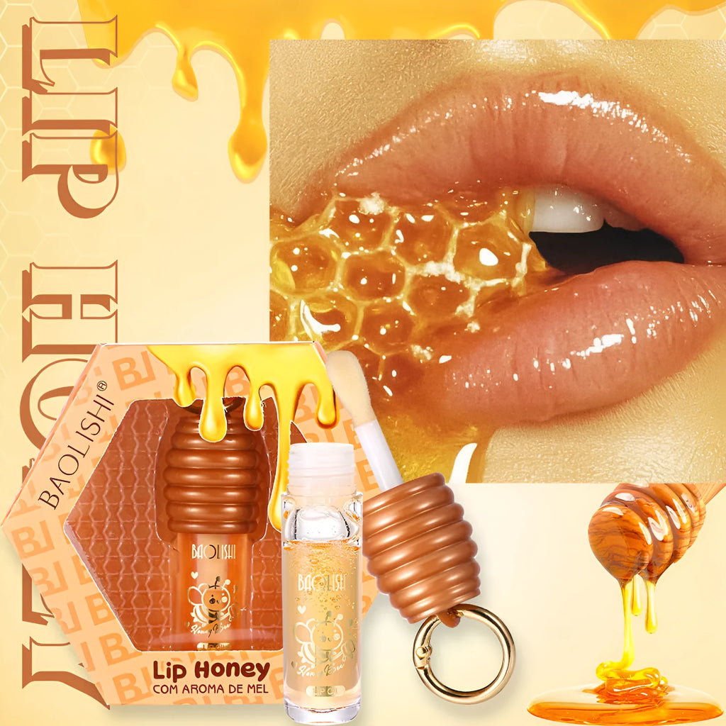 Honey lip gloss in portable keychain container for moisturising lip care