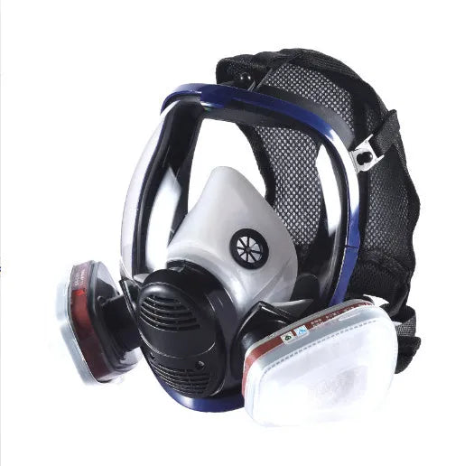 KN95 spherical full face gas mask with blue edge and trapezoidal canister containing activated carbon gauze filter