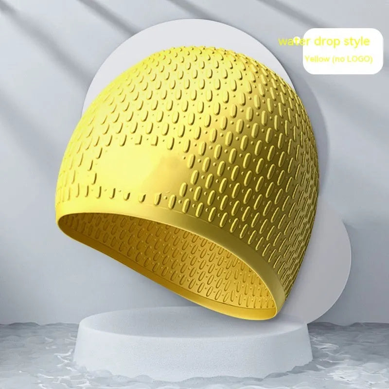 Silicone adult swimming cap with water drop texture in solid colour options on white background.