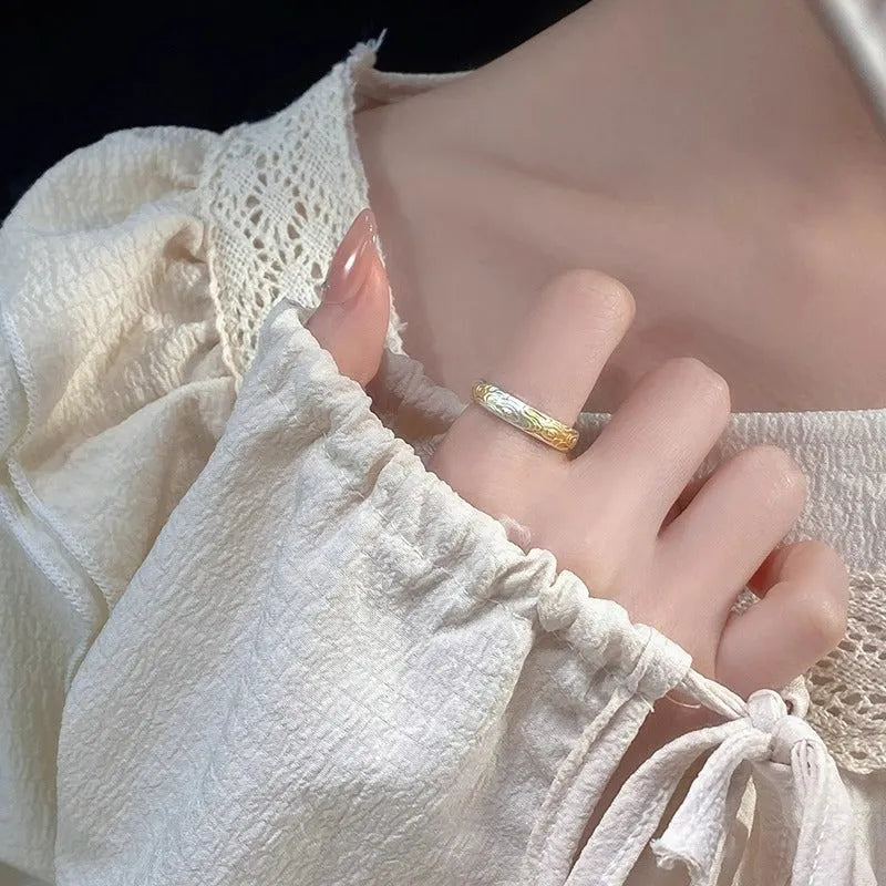 White copper open mouth ring with J14 Xiangyun geometric pattern, fairy style.