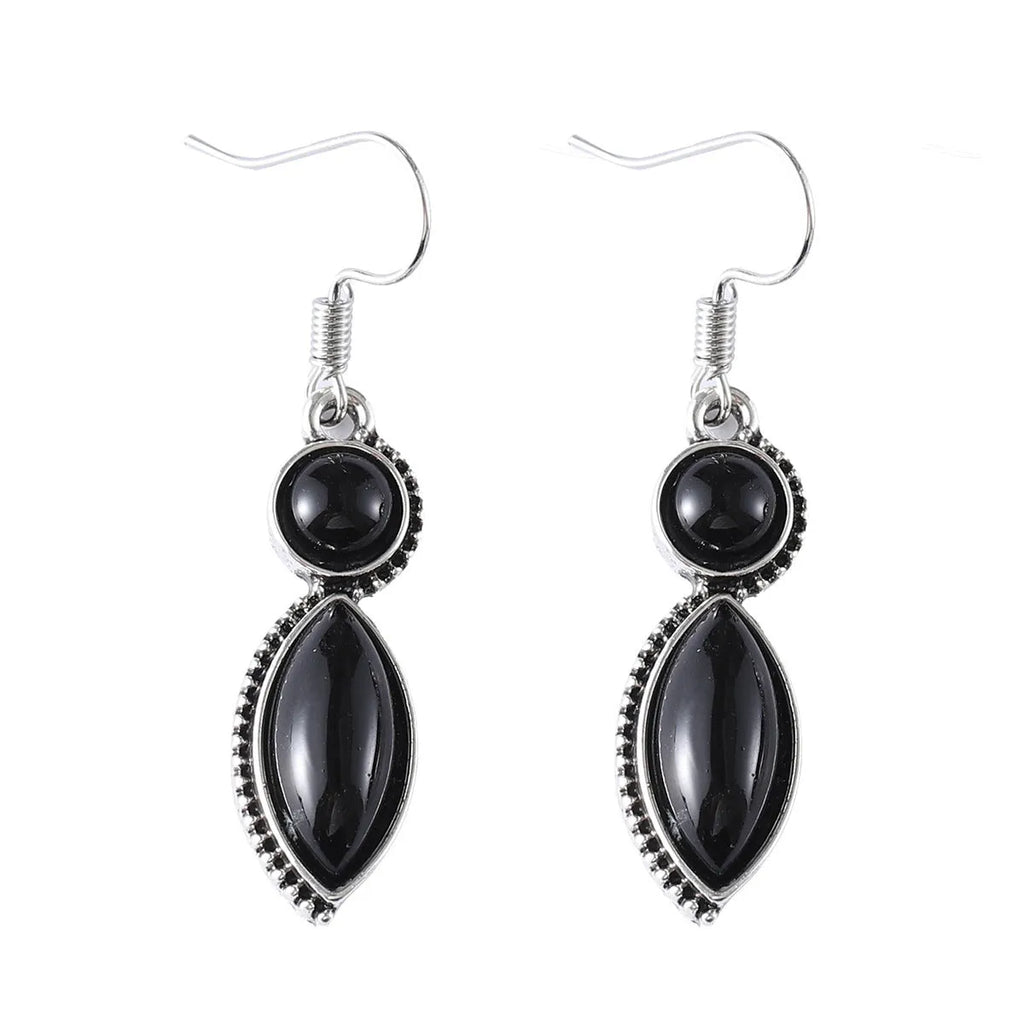 Vintage geometric zinc alloy earrings with electroplated black or purple colour and round pendant elements