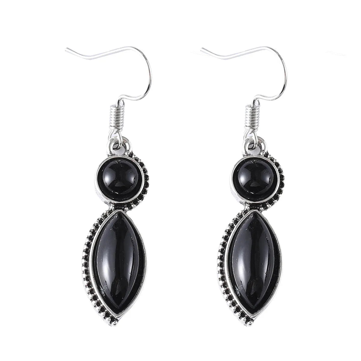 Vintage geometric zinc alloy earrings with electroplated black or purple colour and round pendant elements