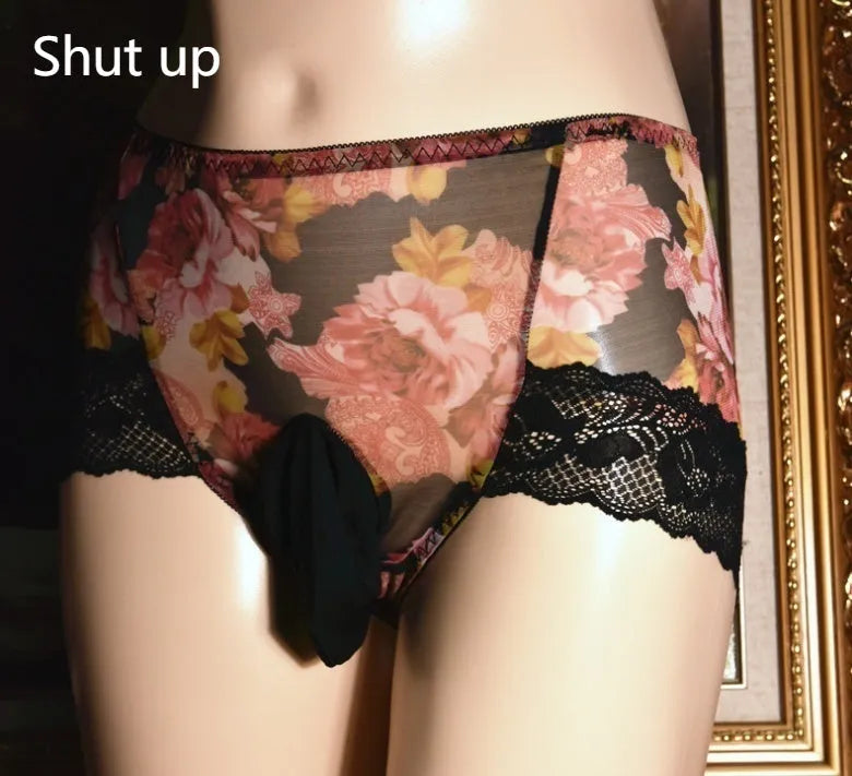 Men's printed mesh underwear in mid-waist briefs style with ice silk fabric