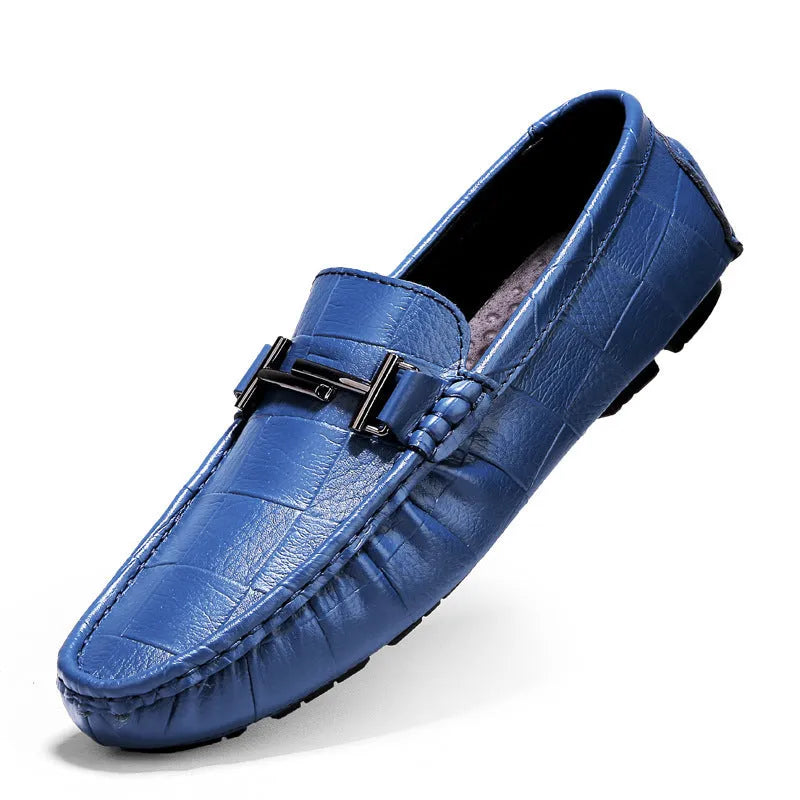Men's casual leather shoes with belt buckle in black, blue, bronze, and white colour options