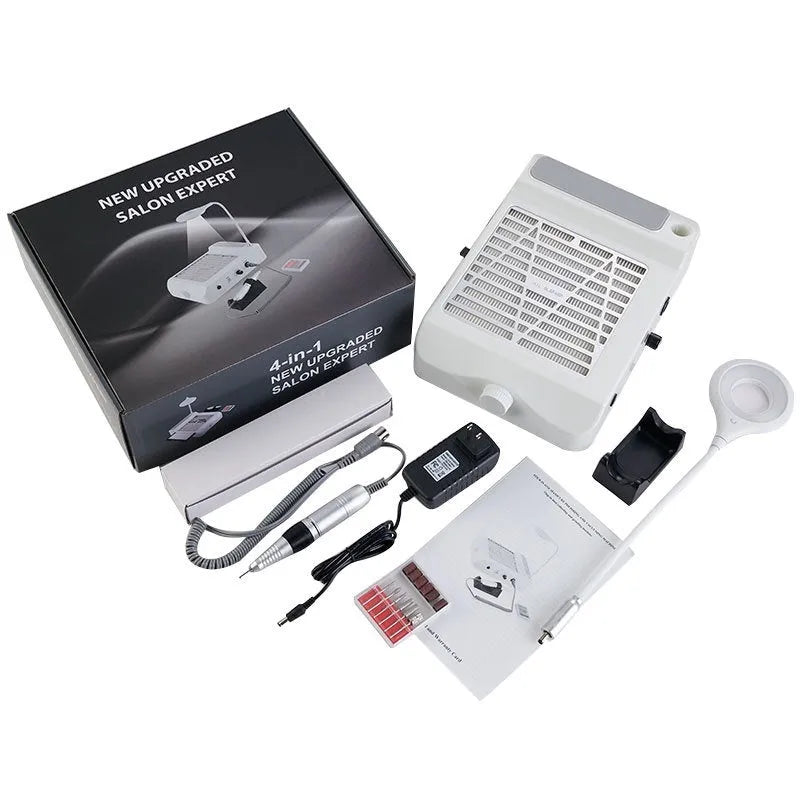 White multifunctional nail polishing machine with vacuum cleaner and four-in-one grinder system