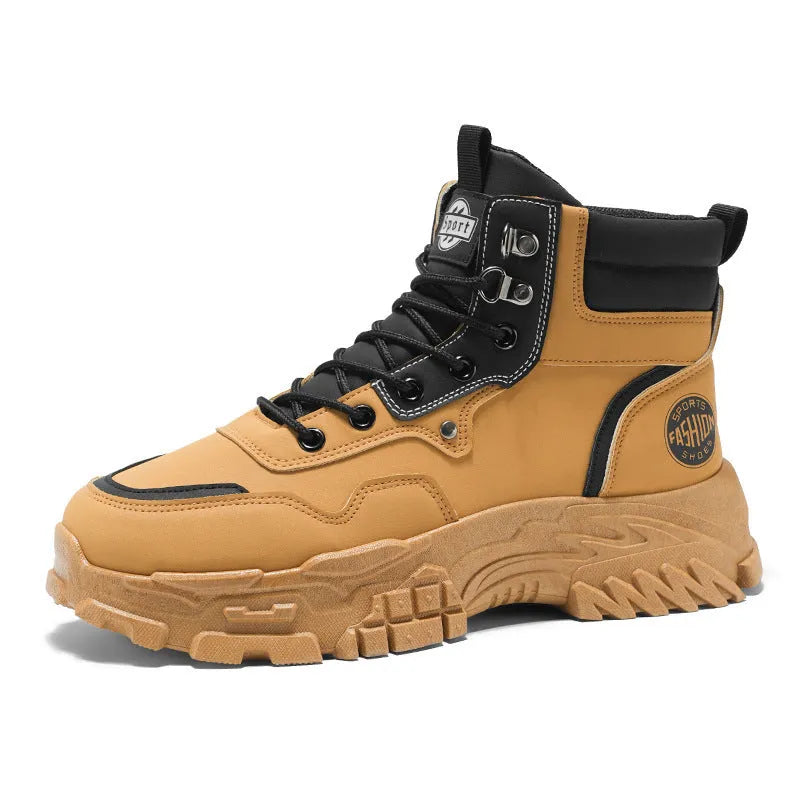Men's black and yellow Martin boots showing high-top design with artificial PU upper and injection-moulded sole