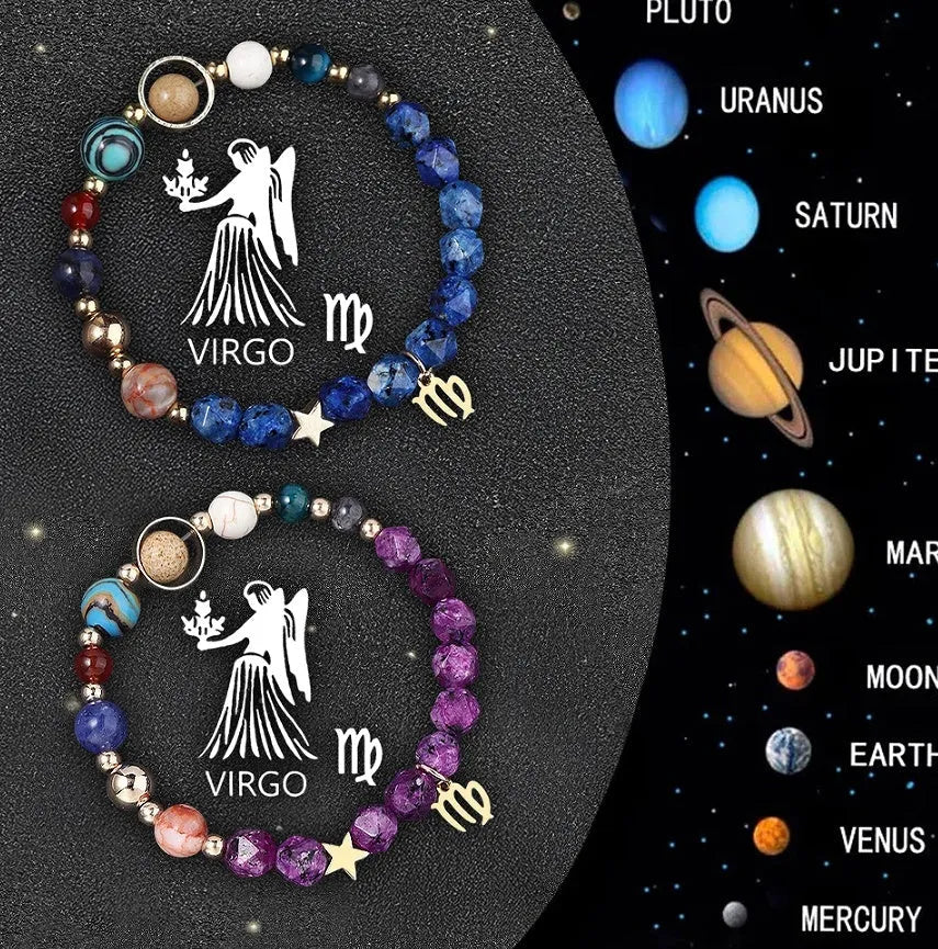 Natural stone bead zodiac bracelet set showing all twelve astrological signs