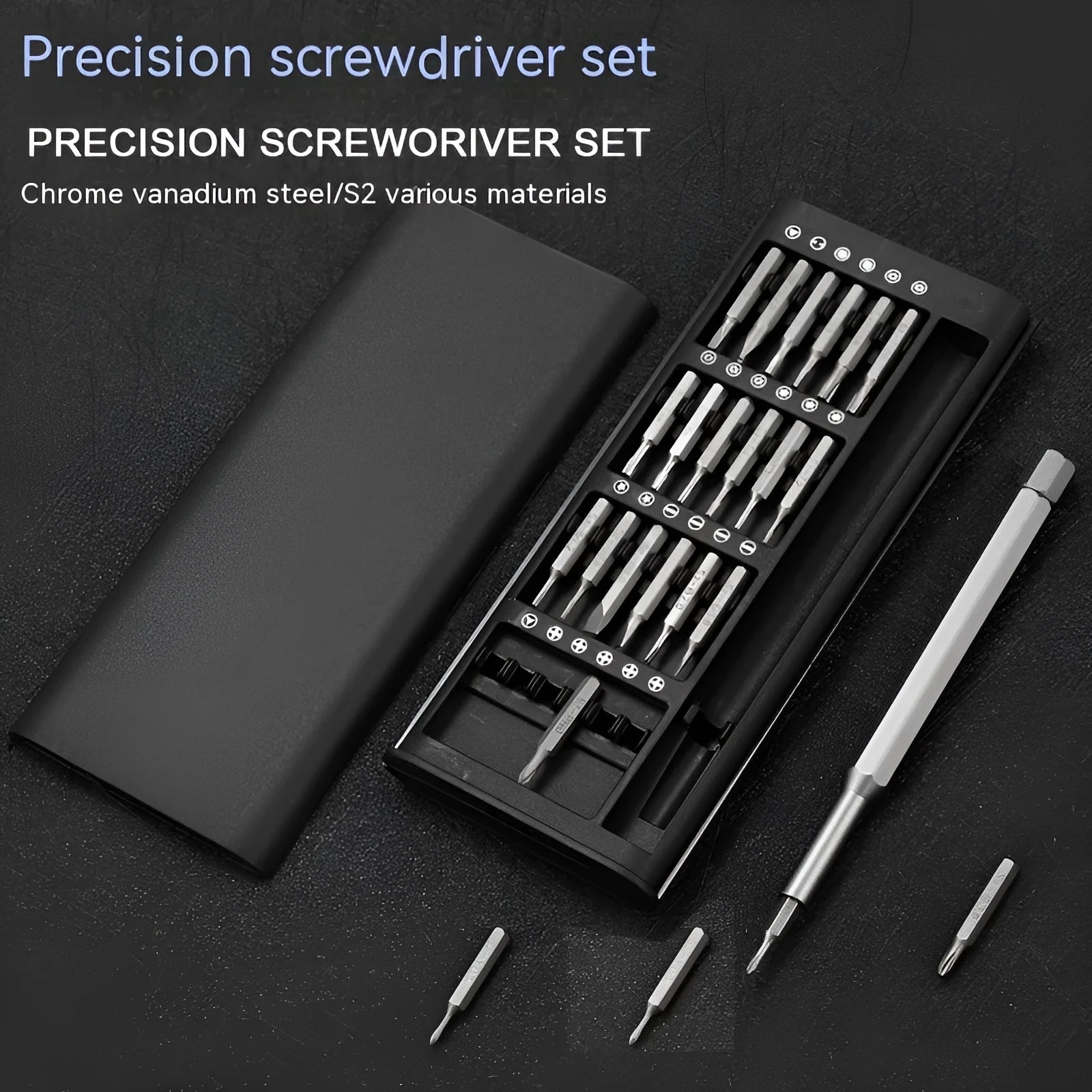 24-in-1 precision magnetic screwdriver repair kit with bits, aluminium and plastic handles.