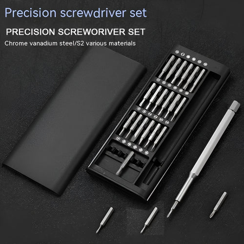 24-in-1 precision magnetic screwdriver repair kit with bits, aluminium and plastic handles.
