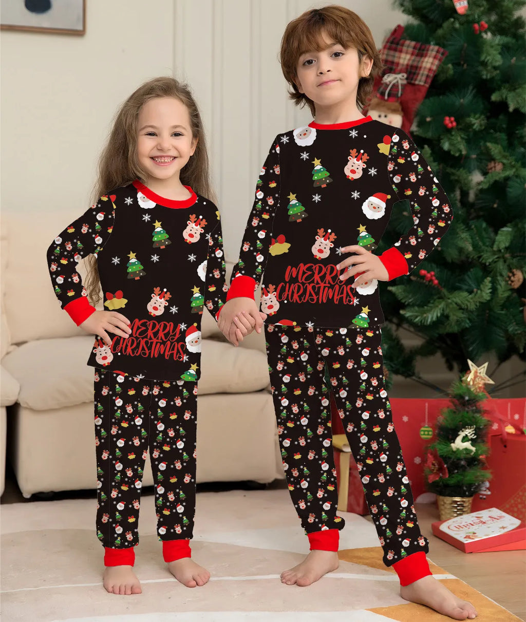 Matching red plaid Christmas pyjamas set for dad, mom, child, baby, and a dog laid out together