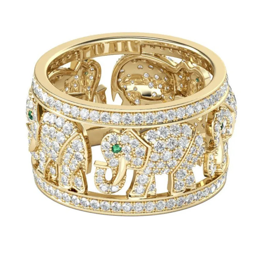 Close-up of a women's alloy elephant ring with full diamond-pattern band and electroplated finish.