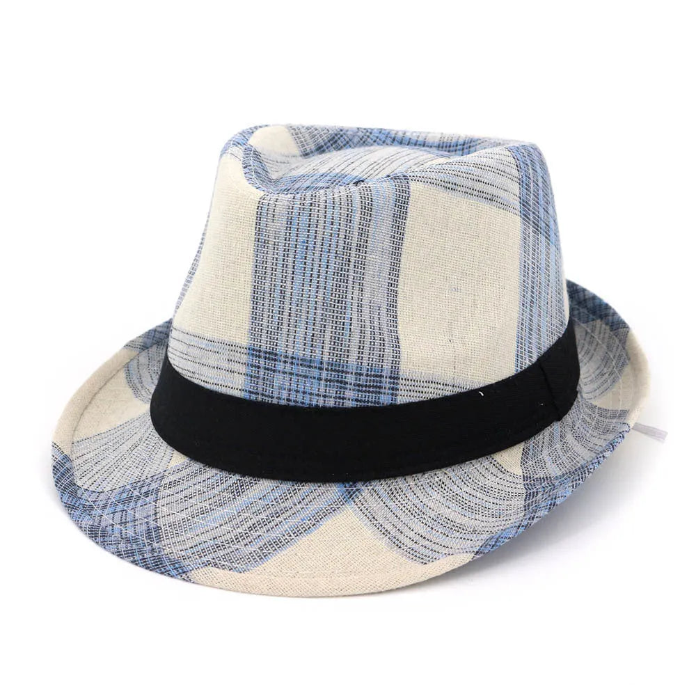 Blue polyester straw sun hat with 4.5cm brim and bell-style crown for outdoor sun protection