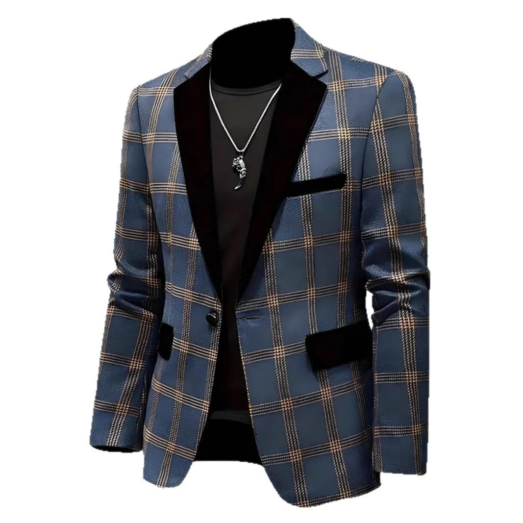 Slim fit light business suit jacket for men in blue, brown, and black, polyester viscose blend, straight version