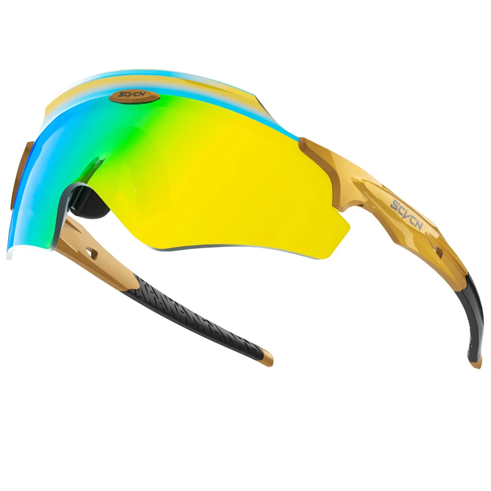 Frameless windproof sports goggles with an integrated colourful lens, shown in a sporty setting.