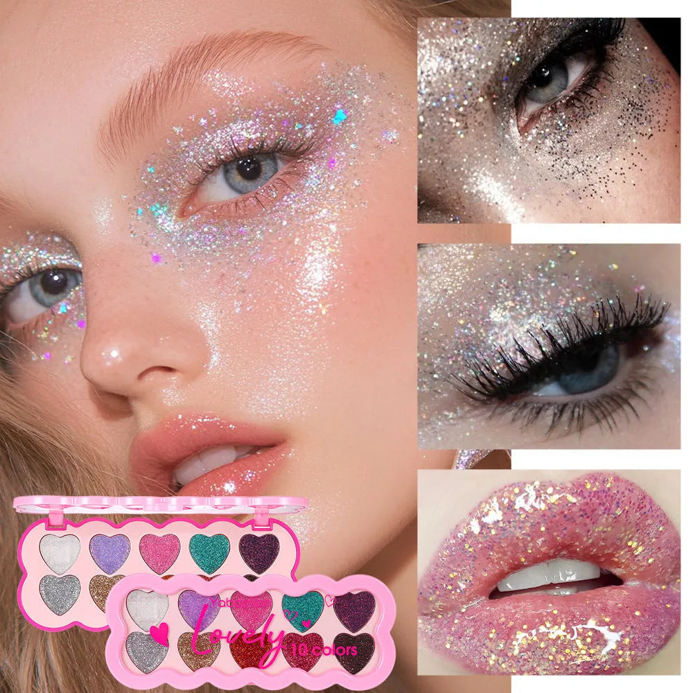 Pearlescent heart-shaped ten-colour sequin eyeshadow palette open, showing pink, blue, black, and coral shades.