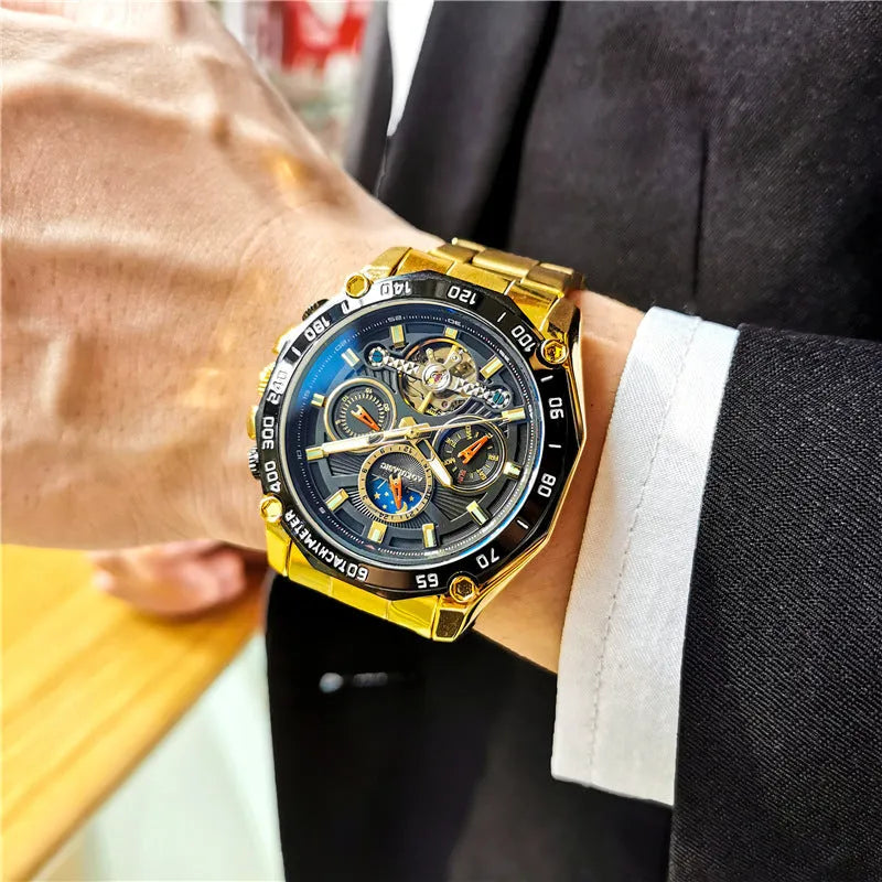 Automatic mechanical mens watch with silver stainless steel case and black dial