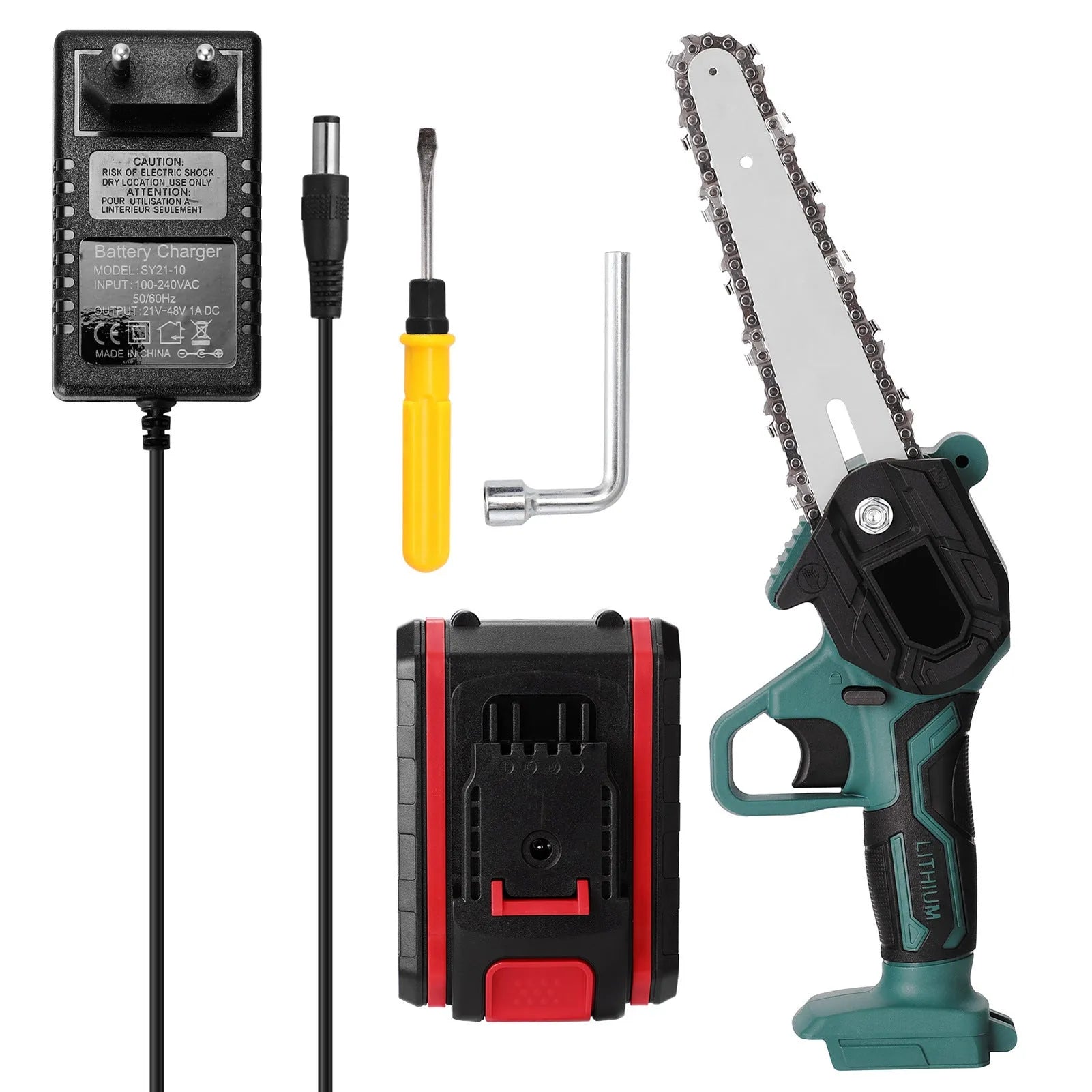 Black one-hand mini electric chainsaw with 4-inch guide bar on a workbench.