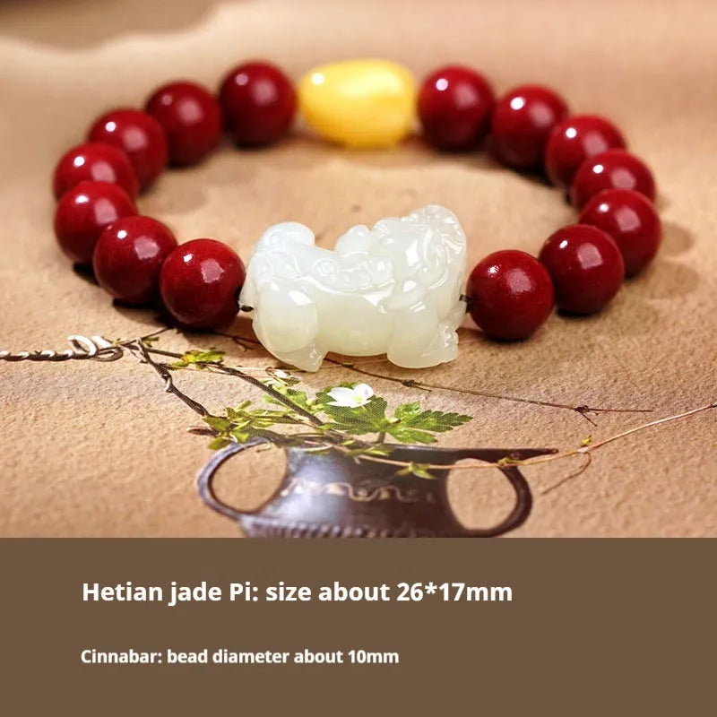 A Hetian jade bracelet with braided black and red rope in a Chinese style design.