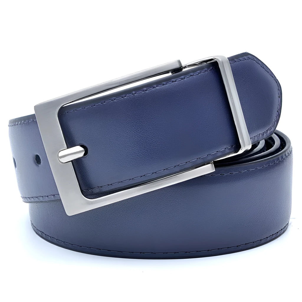 Men's rotating pin buckle leather belt in dark brown with genuine leather strap