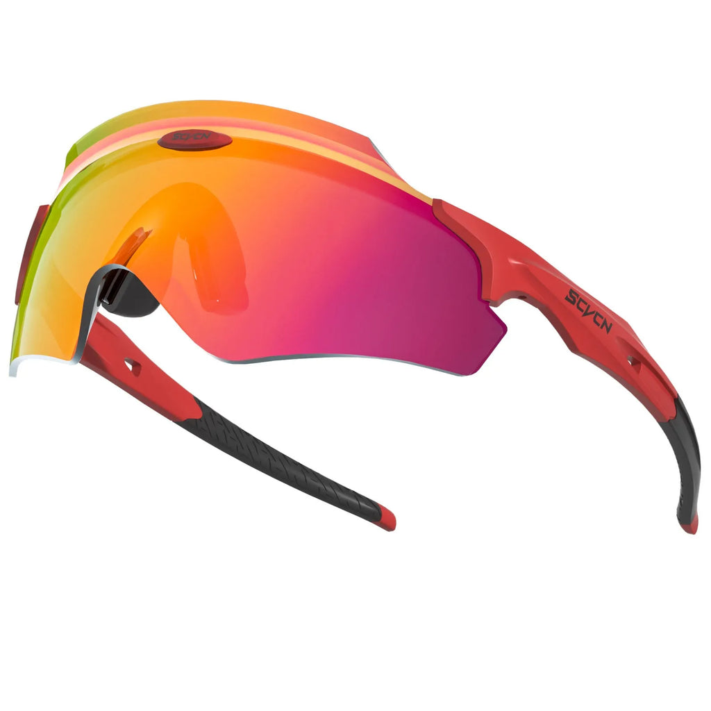 Frameless windproof sports goggles with an integrated colourful lens, shown in a sporty setting.