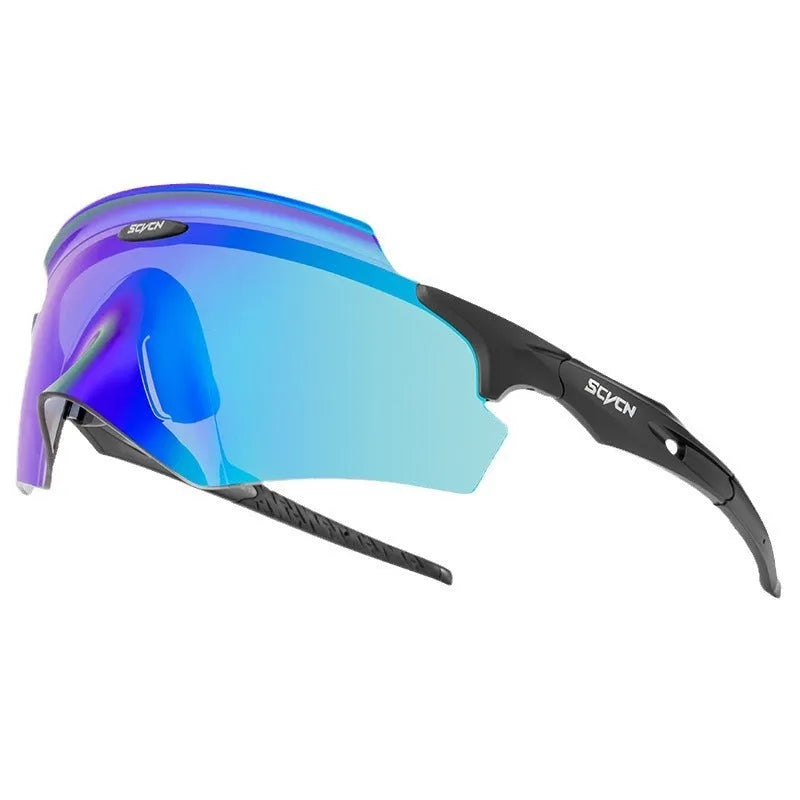 Frameless windproof sports goggles with an integrated colourful lens, shown in a sporty setting.