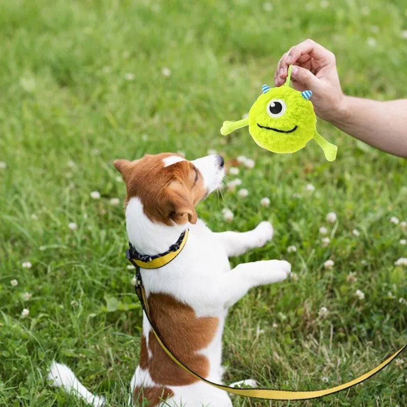 Green plush and TPR sound-activated interactive dog teething toy ball, 12cm diameter.