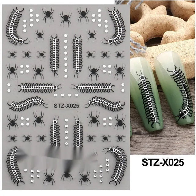 Sheet of black and silver stripe nail art stickers from a cartoon series for DIY manicures.