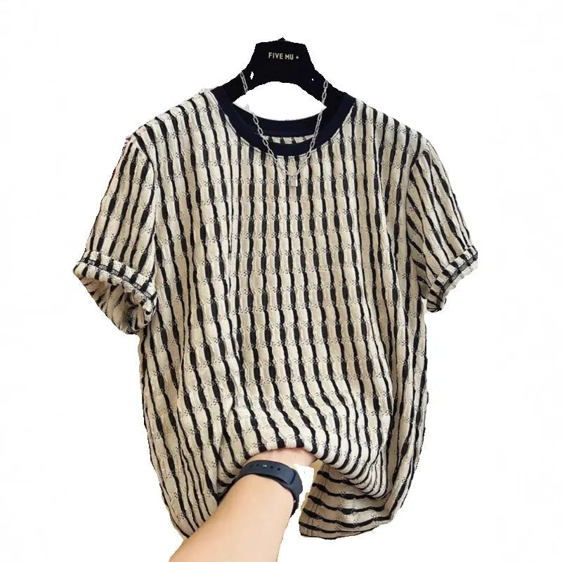 Men's black striped short sleeve shirt in loose silk-linen blend on hanger