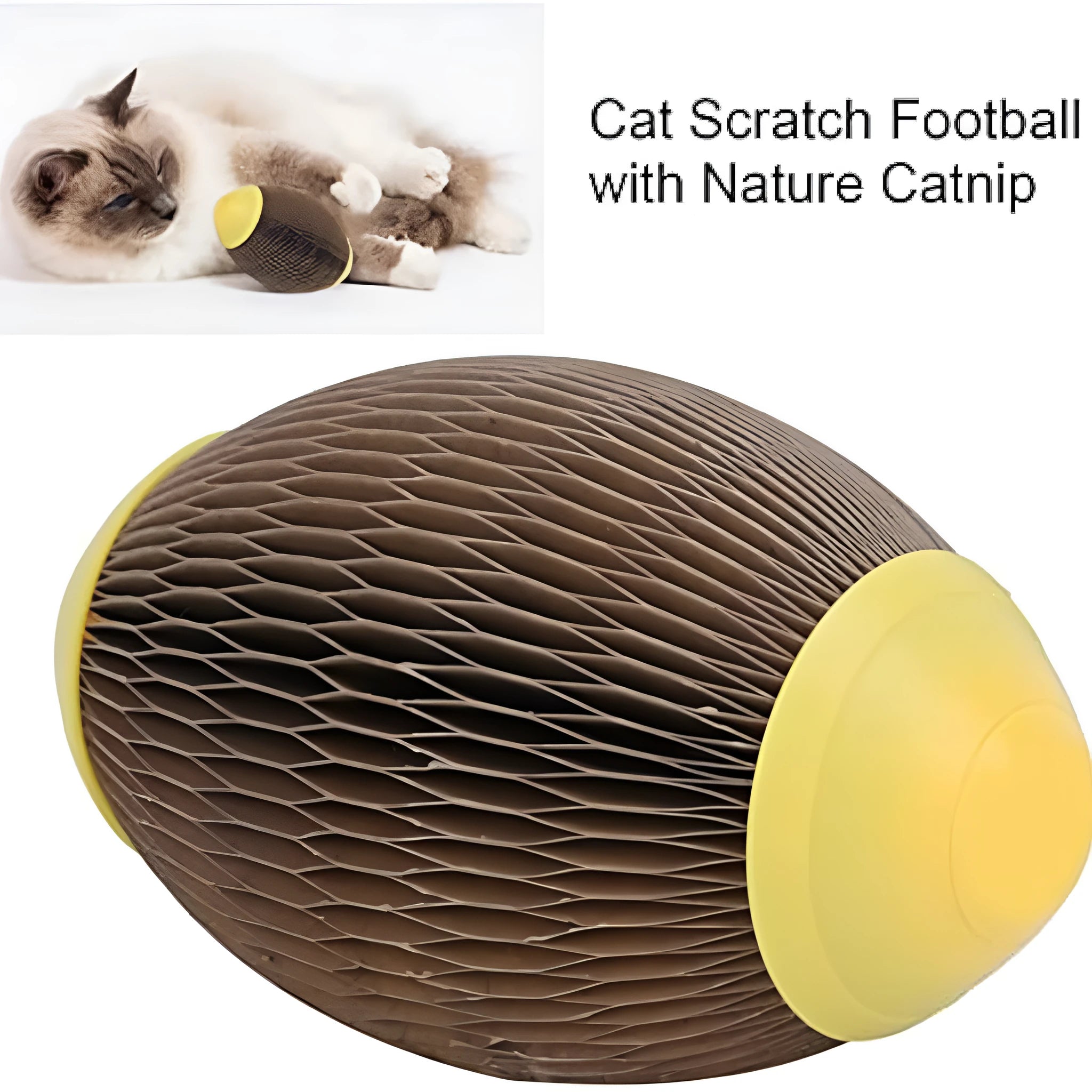 Elliptical corrugated paper cat toy ball with scratch surface for catnip insertion.