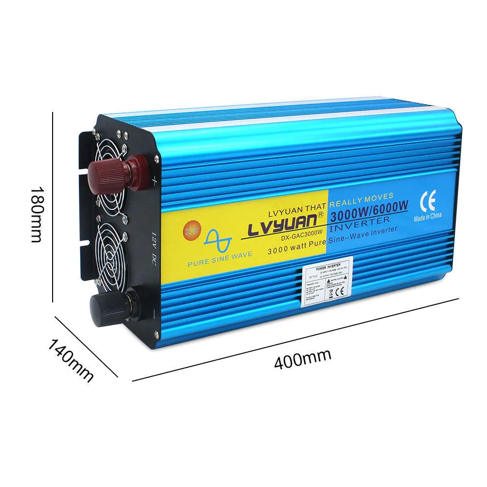 Blue 3000W pure sine wave power inverter with digital display and UK socket, remote control included.