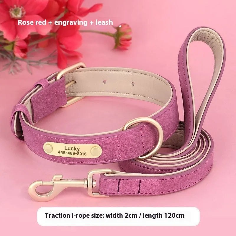 Rose red double-layer leather dog collar with mohair lining and a matching traction rope on a table.