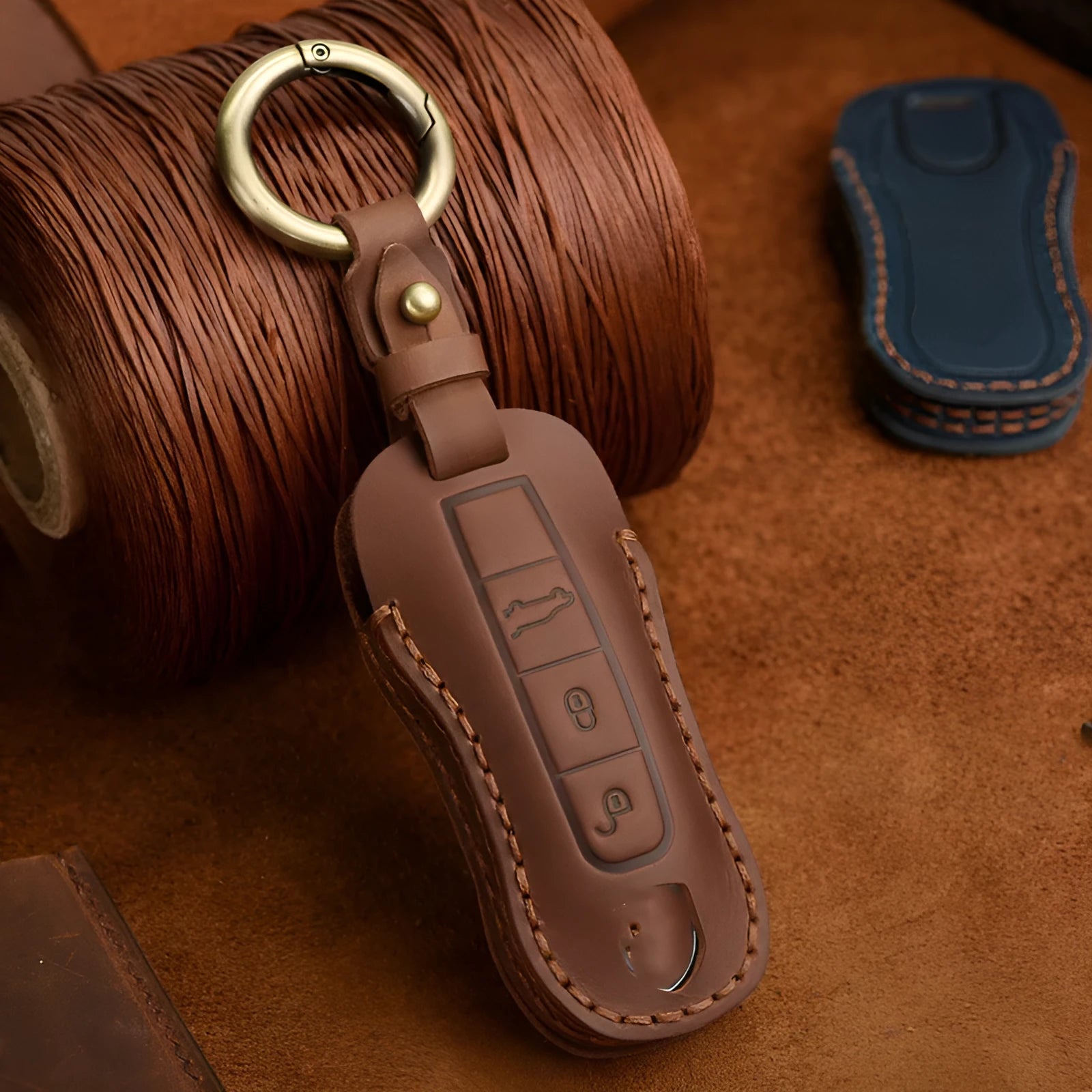 Genuine leather Porsche key cover with retro bag buckle in brown and blue colour options