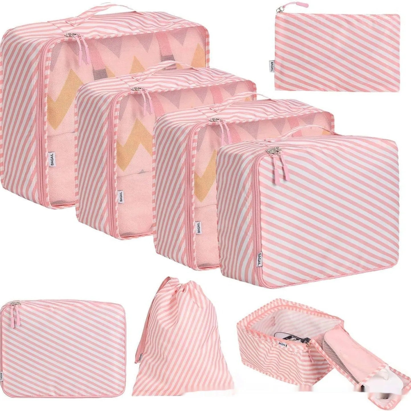 Set of eight cubic travel packing bags for underwear organisation in various colours including solid shades and patterns