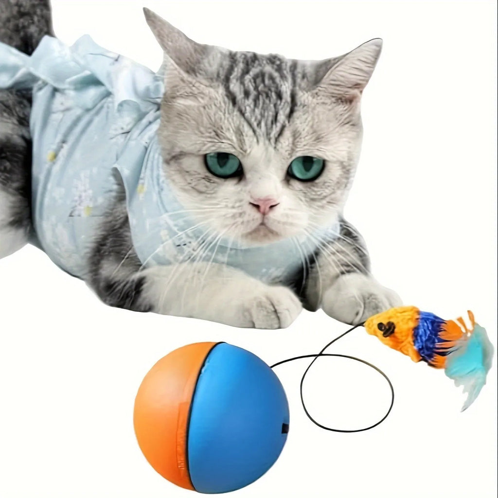 Interactive cat toy with ball and plush mouse in grey or orange, dimensions 8.5cm