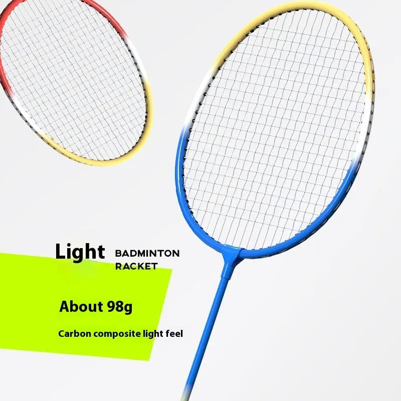 Blue and red alloy badminton rackets with split design showing separated and assembled states