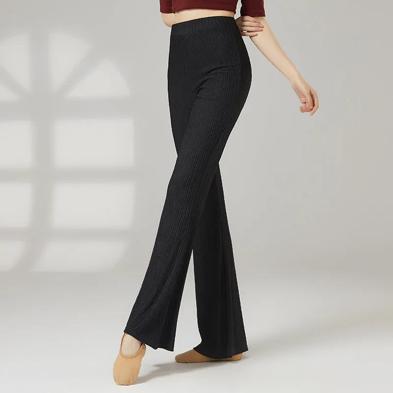 Women's solid colour classical dance practice pants in polyester fabric shown in beige apricot.
