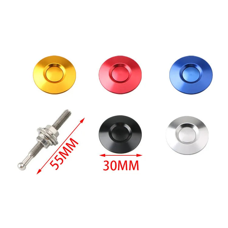 30mm aluminium alloy button-type car engine cover lock in silver, black, gold, blue, and red colour options.