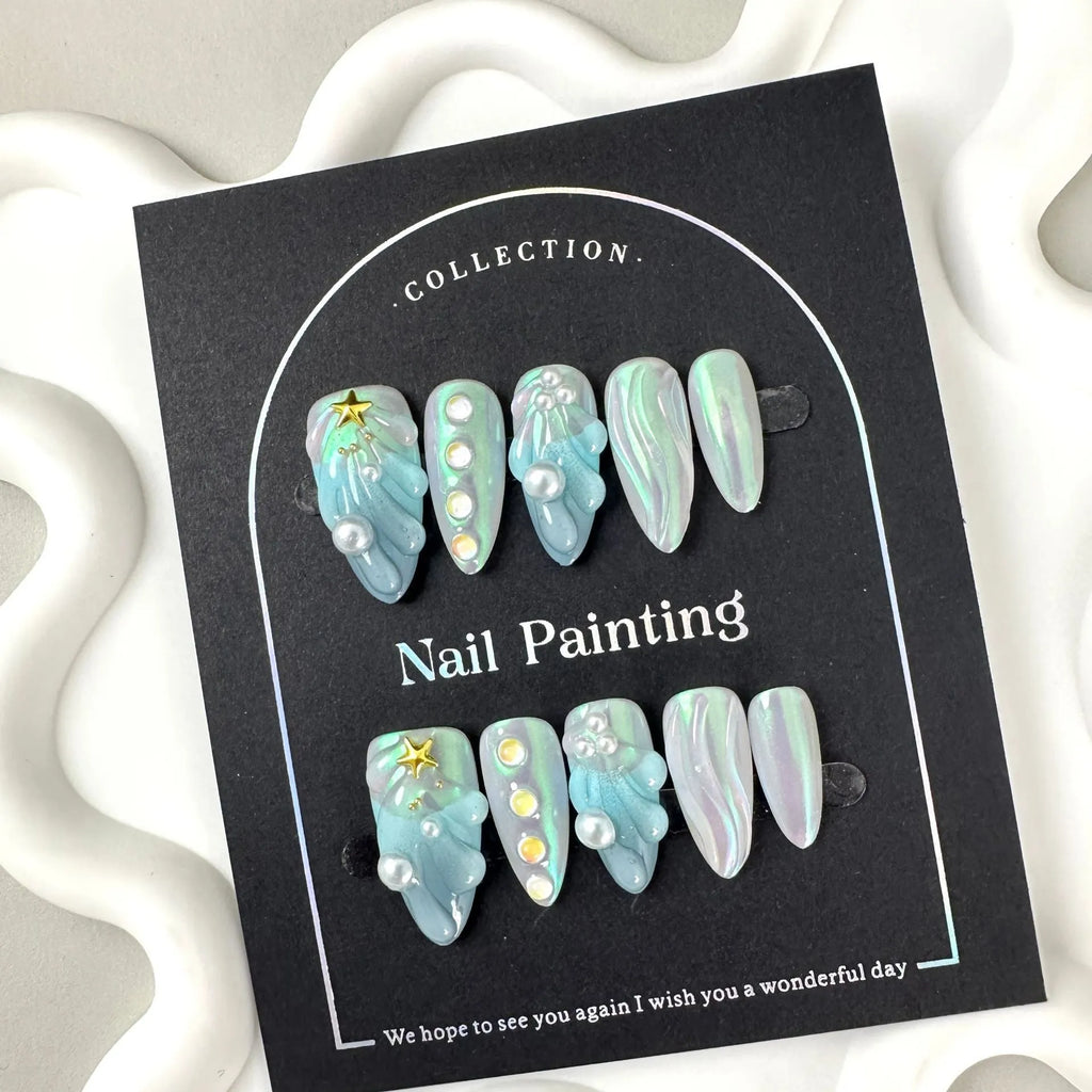 Blue plastic HAILANG shell nail stickers in XS S M L sizes for summer manicures