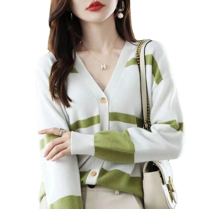 Women's 3D striped knitted cardigan with V-neck and buttons in black and white, green, camel, or black apricot.