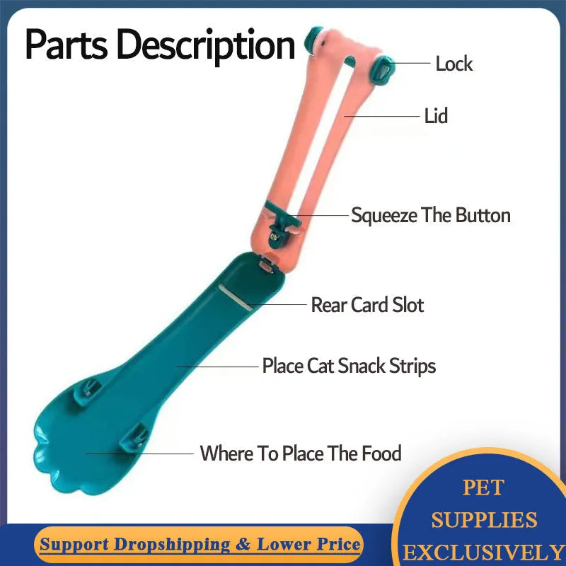 Green and pink pet feed spoon with silicone barrel for squeezing out sticky dog or cat food.