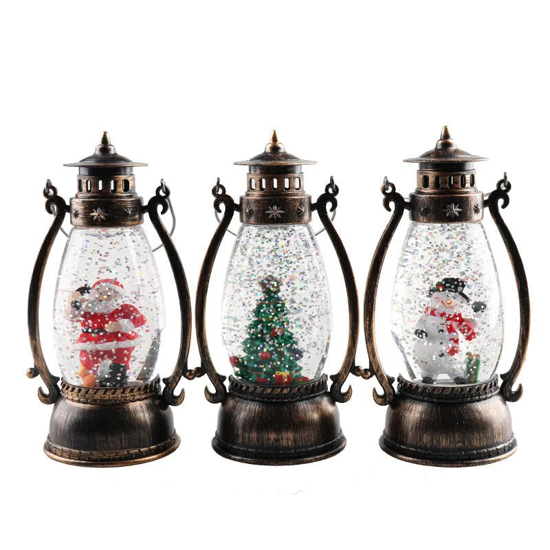 Crystal ball Christmas lamp with illuminated snowman figure inside, on a wooden table.