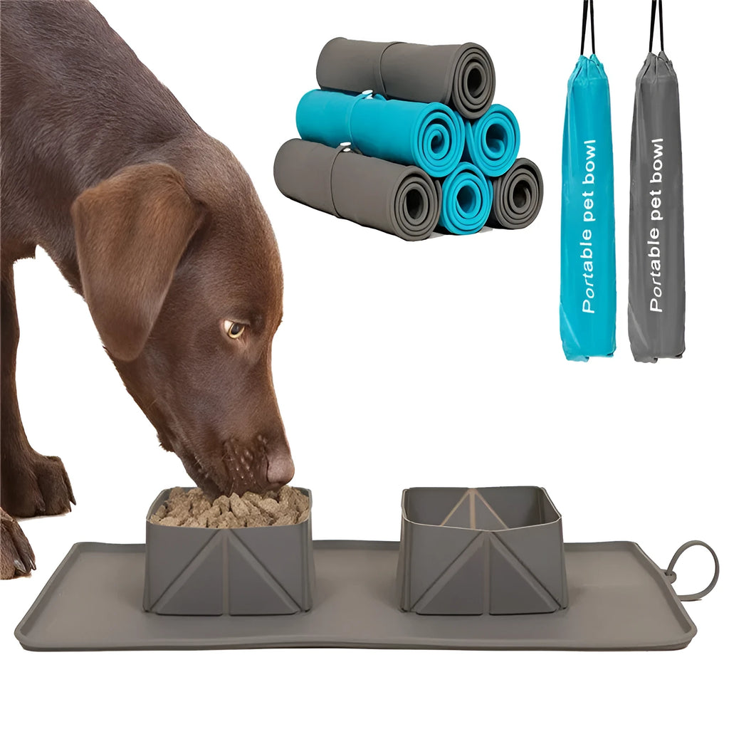 Double Foldable Silicone Dog Bowl for Medium to Large Dogs and Cats with 600ml Capacity Eco-Friendly Pet Bowl in Green or Grey 39 x 23.5 x 5 cm Portable Travel Bowl for Water and Food Easy Storage Jumps and Folds Flat Compact Design